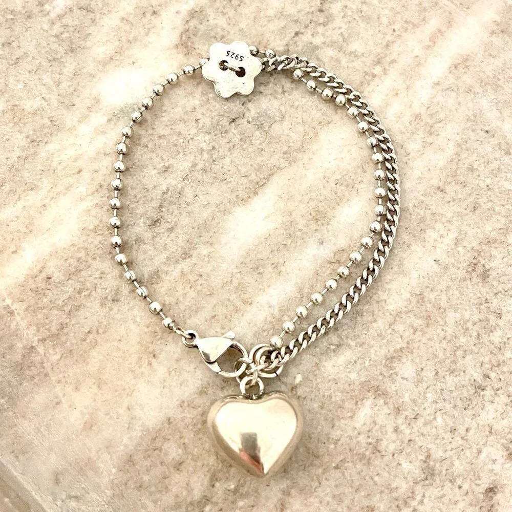 925 Sterling Silver Heart Bracelet Bead Chain Link Bracelet